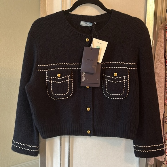 NWT Prada 100% Cashmere Long Sleeve Gold Button Sweater - Picture 7 of 13